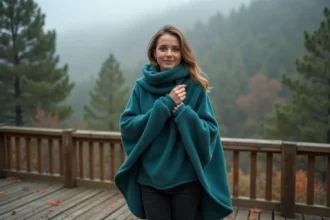 Femme portant un poncho polaire teal sur une terrasse en bois entourée d'une forêt brumeuse en automne