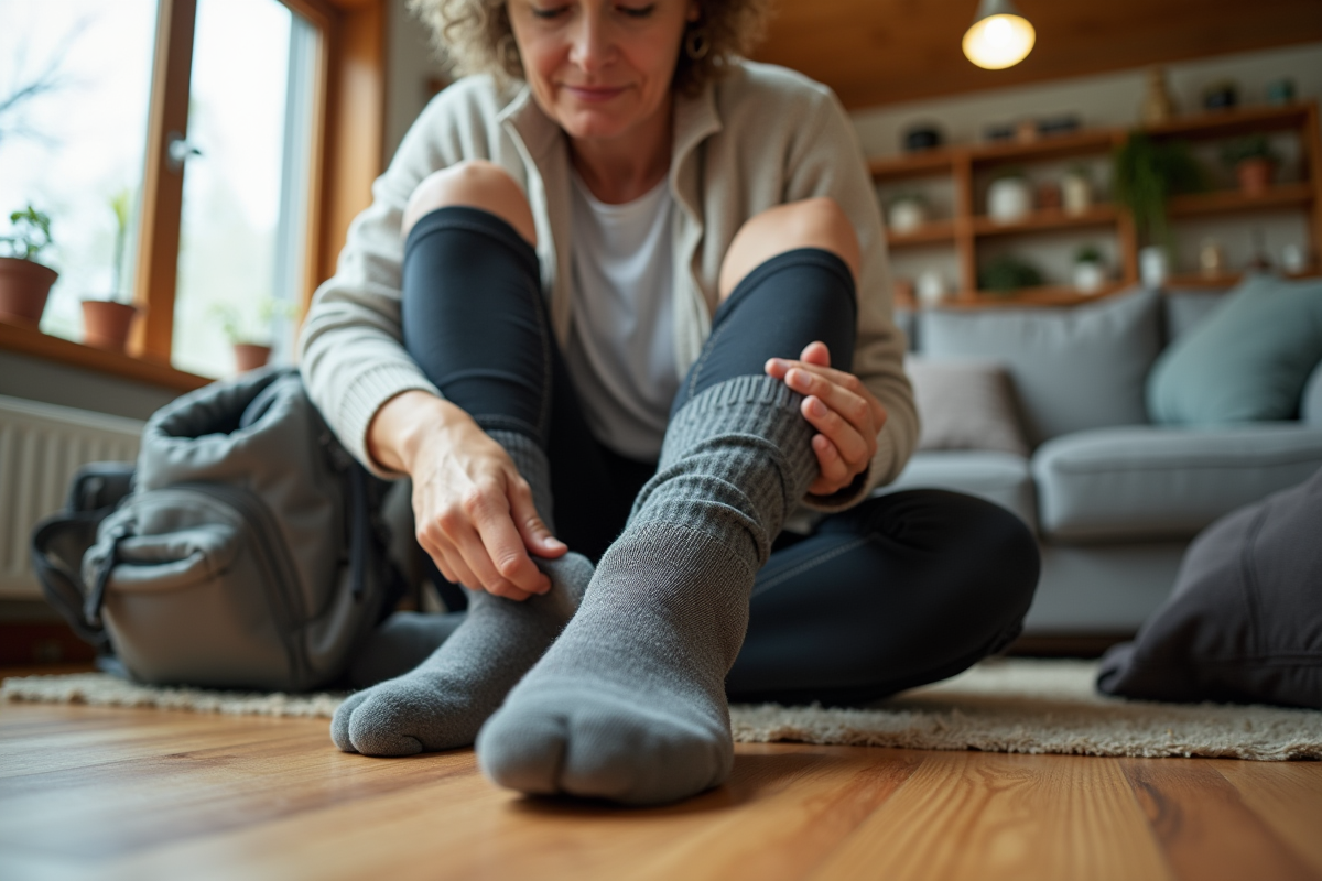 Femme en intérieur en train de mettre des chaussettes pour la randonnée