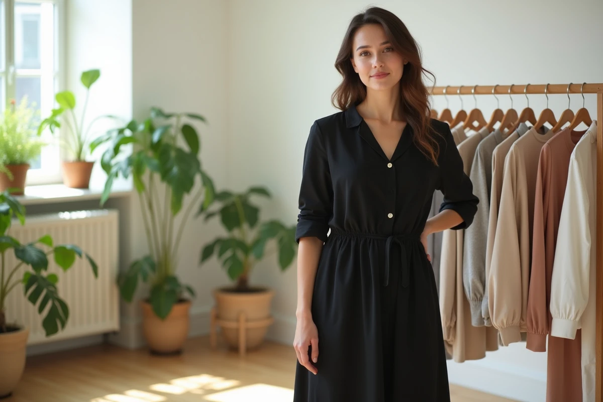 Jeune femme en robe noire dans un studio lumineux minimaliste