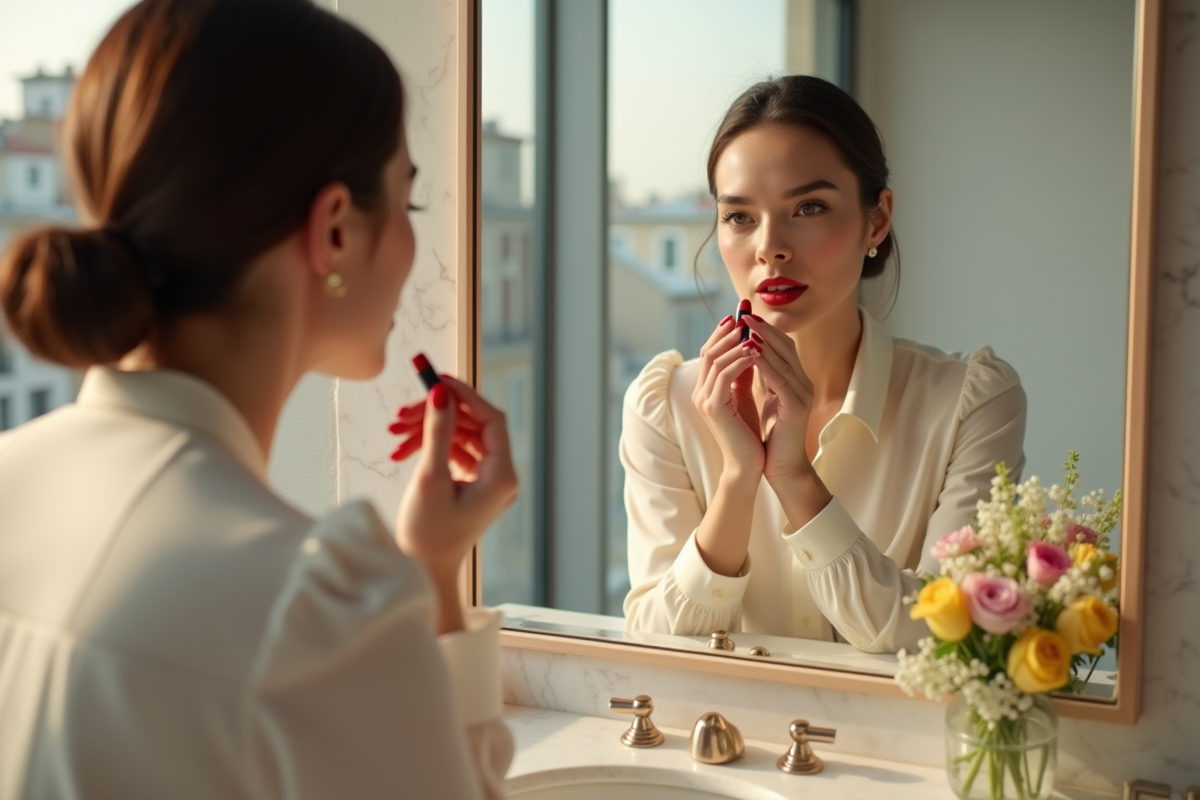 Femme appliquant rouge à lèvres en maquillage naturel