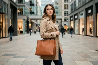 Femme élégante en trench-coat beige portant un sac cabas en cuir caramel dans un environnement urbain moderne