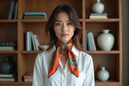 Femme élégante portant un foulard en soie dans un intérieur moderne