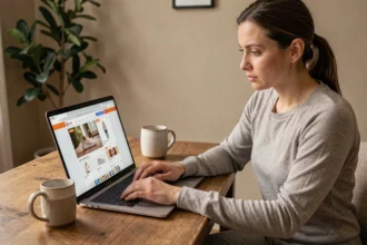 Femme hésitante devant un site de shopping de vêtements de sport en ligne, illustrant les pièges d'achat de la marque Halara