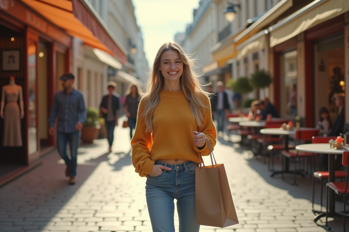 Femme souriante portant sacs de shopping dans une rue commerçante parisienne