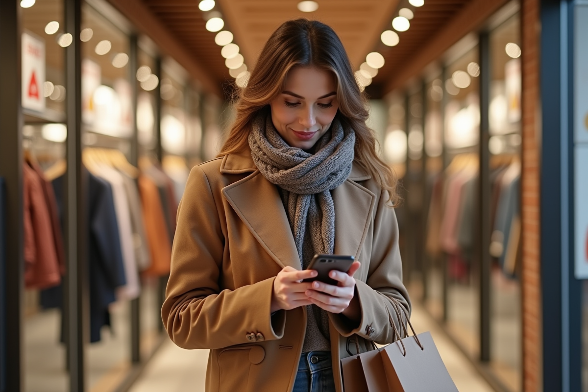 Femme d'automne vérifiant son smartphone devant une vitrine