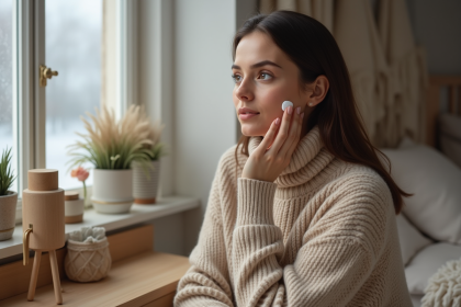 Femme appliquant crème visage dans un intérieur cosy