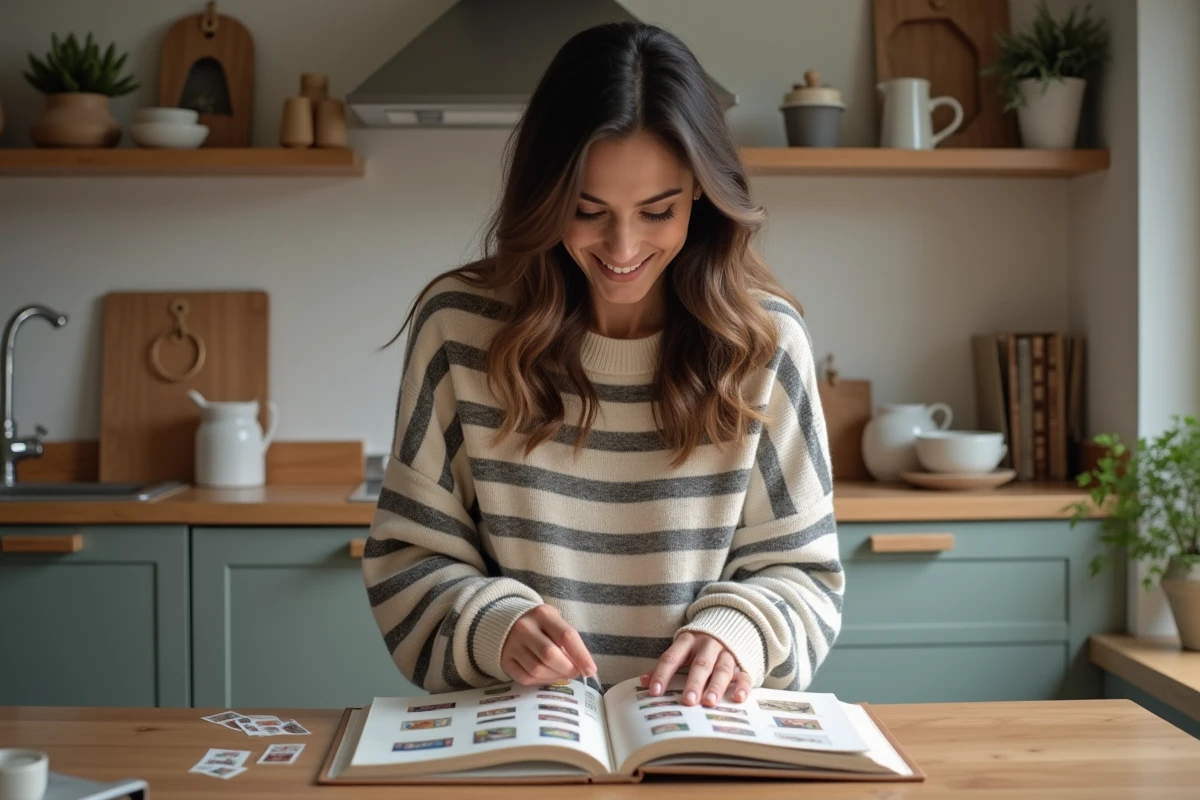 Femme souriante arrangeant des stickers dans un album en cuisine