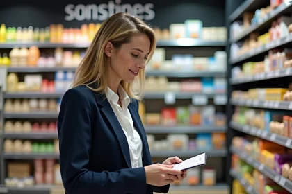 Femme française examinant des étiquettes en supermarche