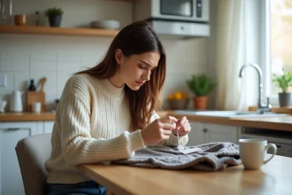 Jeune femme examine une étiquette de sécurité sur un pull