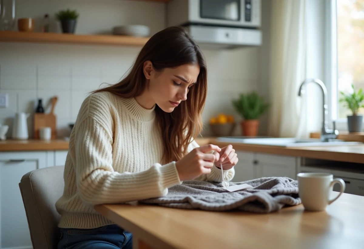 Jeune femme examine une étiquette de sécurité sur un pull