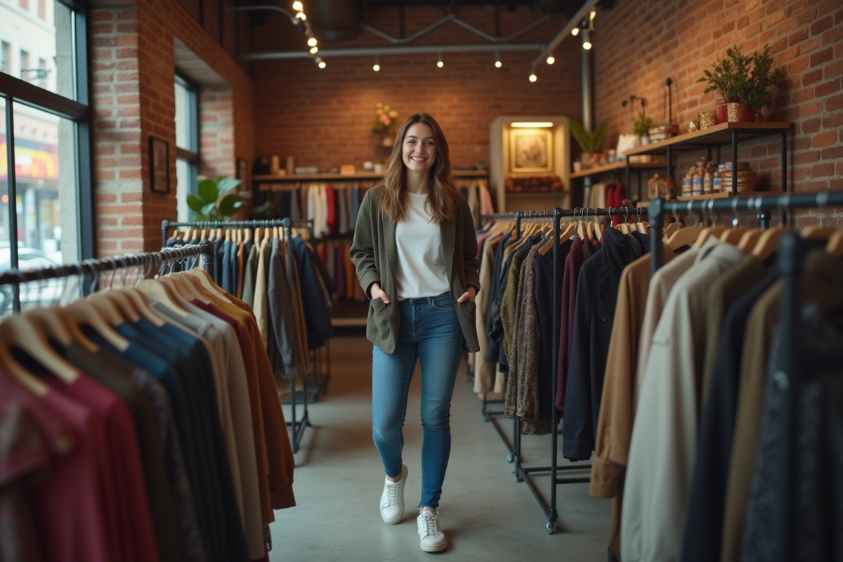 Femme tendance dans une boutique vintage en ville