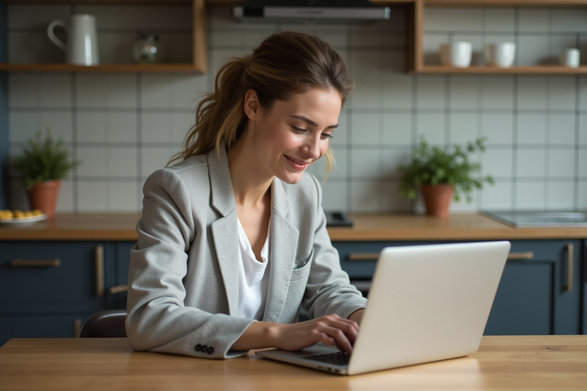 Femme en blazer et jeans naviguant sur Vinted à la maison