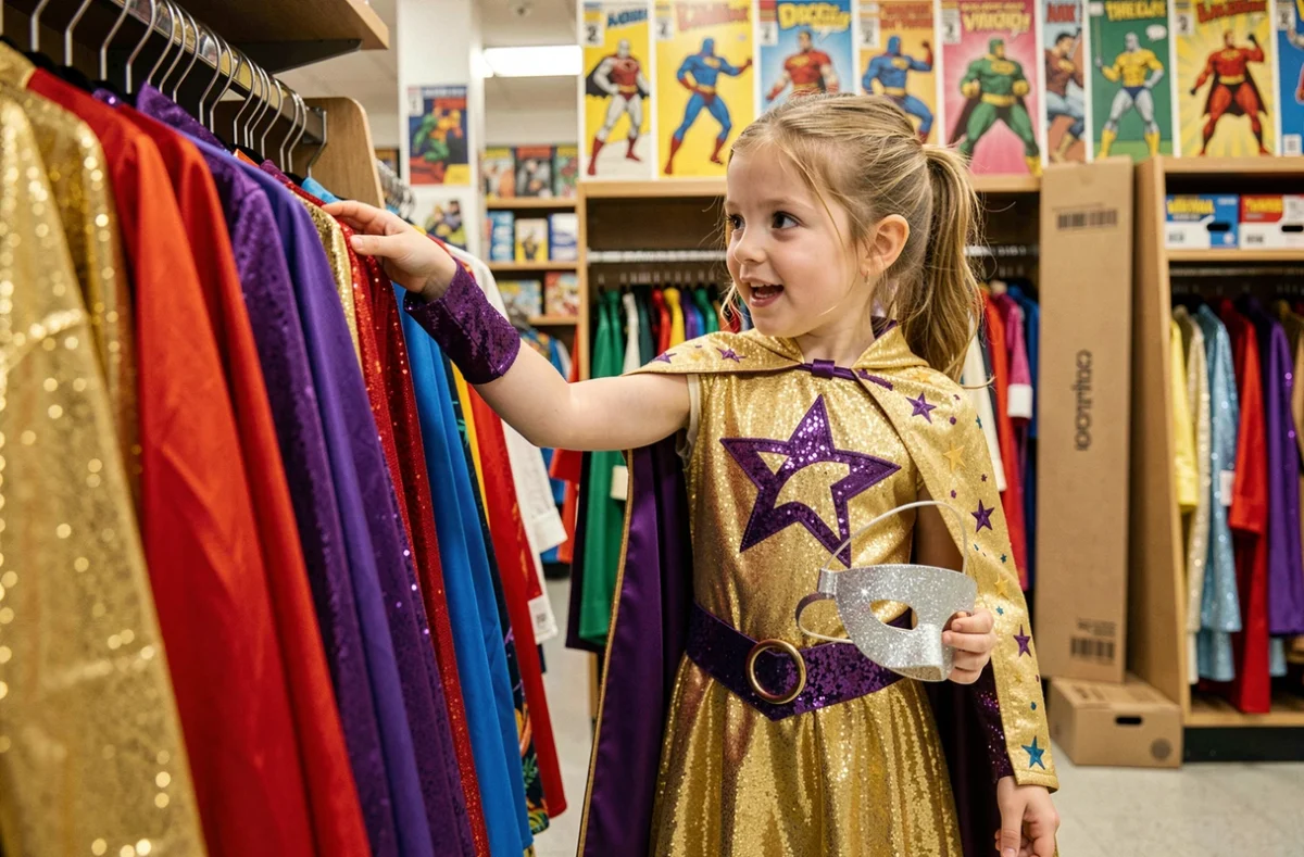 Petite fille en costume de super-héroïne dorée et violette choisissant un déguisement dans une boutique de costumes colorée