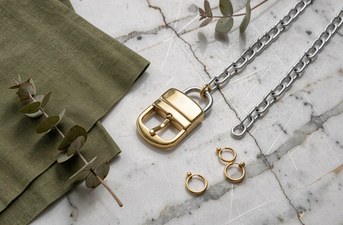 Flat lay d'accessoires dorés et argentés sur tissu vert kaki avec détails bijoux