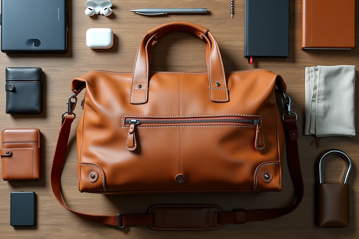 Flat lay éditorial d'un sac sport en cuir cognac entouré d'accessoires bureau et sport sur bureau en bois brut