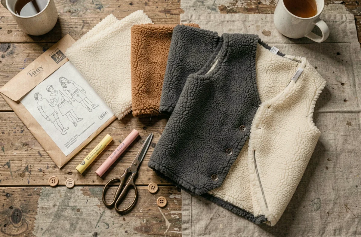 Flat lay de tissus sherpa, patron de couture et accessoires pour réaliser un gilet doublé maison