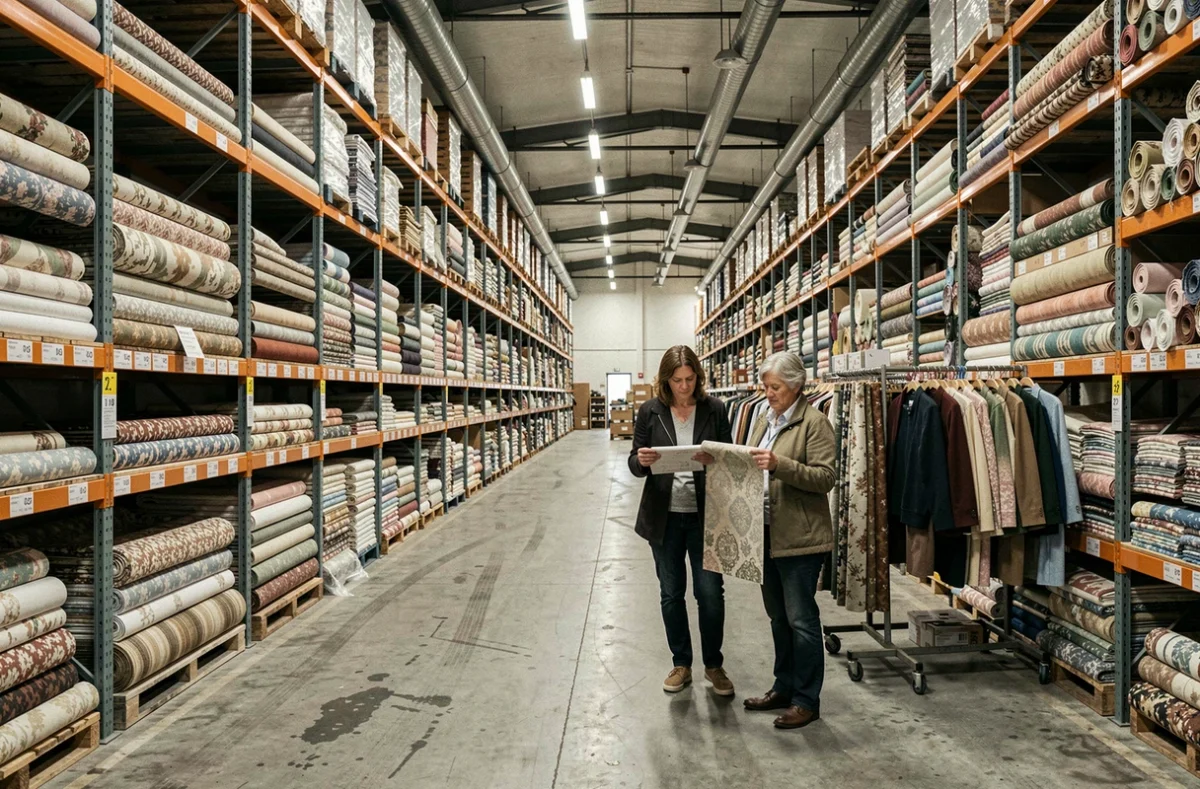 Entrepôt de Folies Textiles magasin d'usine à Roanne avec de longs rayonnages de tissus en promotion et une cliente