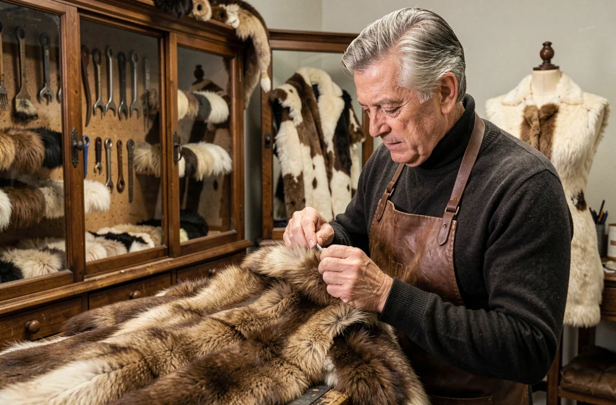 Un fourreur expérimenté de Fourrures Nicolas coud à la main un col en fourrure sur un manteau d'hiver dans un atelier traditionnel aux outils anciens.