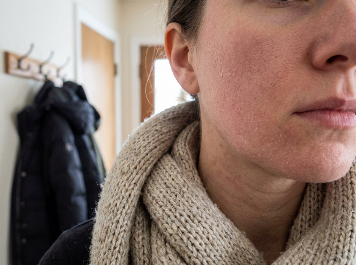 Gros plan sur une peau sèche et atopique réagissant au froid hivernal sur le visage et le cou d'une femme