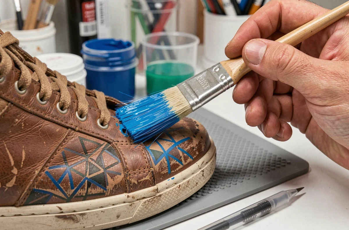 Gros plan de mains masculines appliquant de la peinture bleue sur une chaussure en cuir avec un pinceau rond fin