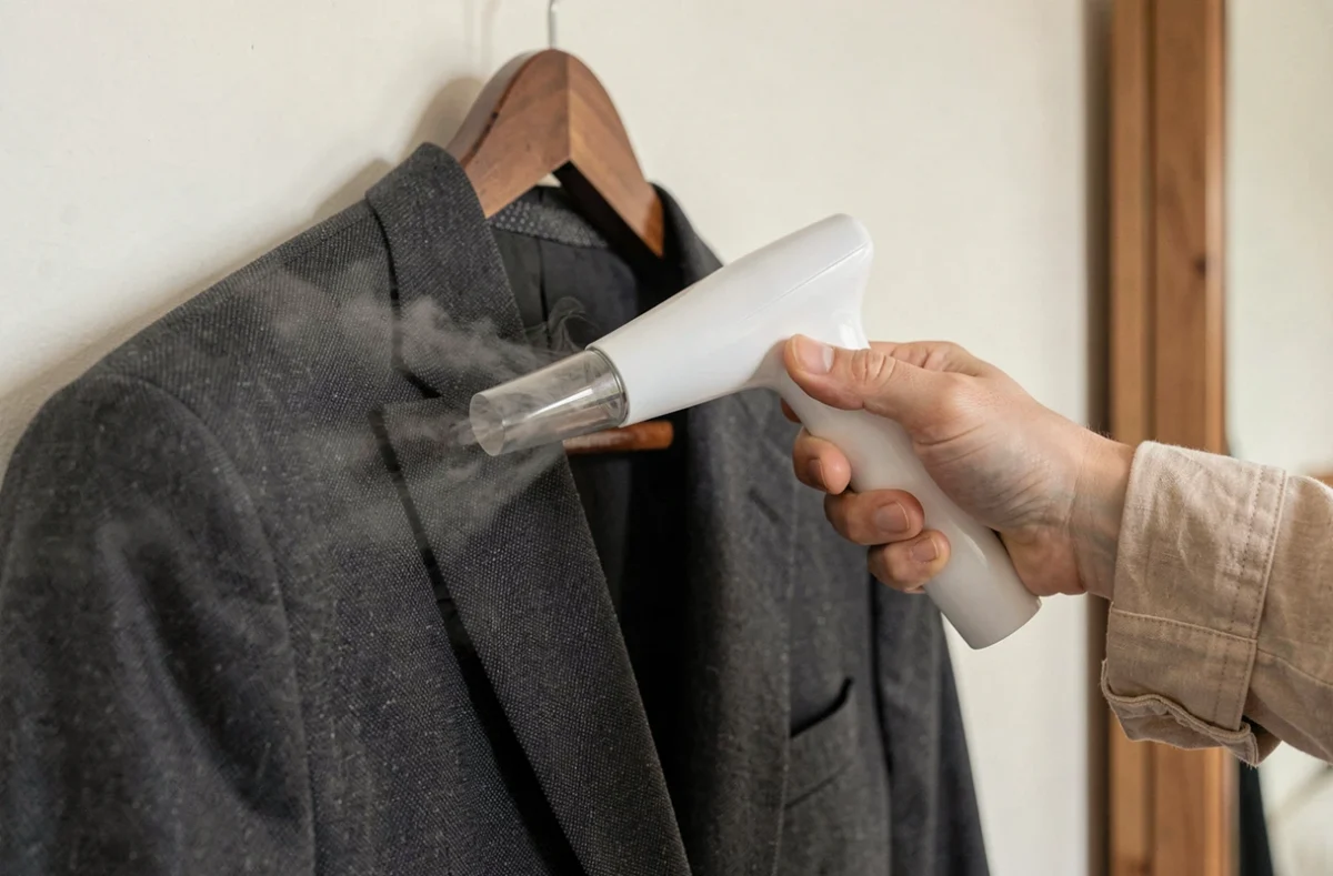 Gros plan sur une buse de défroisseur vapeur appliquée sur l'épaule d'un veston gris anthracite suspendu sur un cintre, vapeur visible au contact du tissu