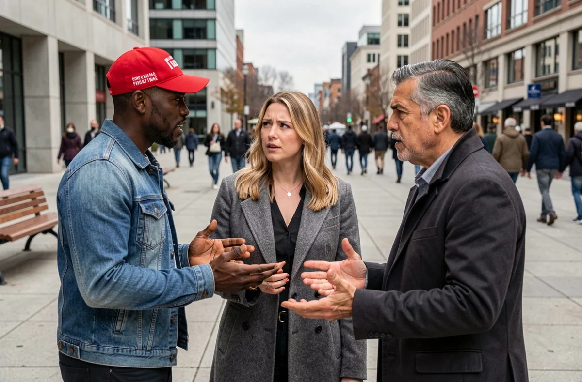 Groupe de trois adultes en discussion tendue dans une place urbaine, l'un portant une casquette à slogan politique rouge, regards contrastés