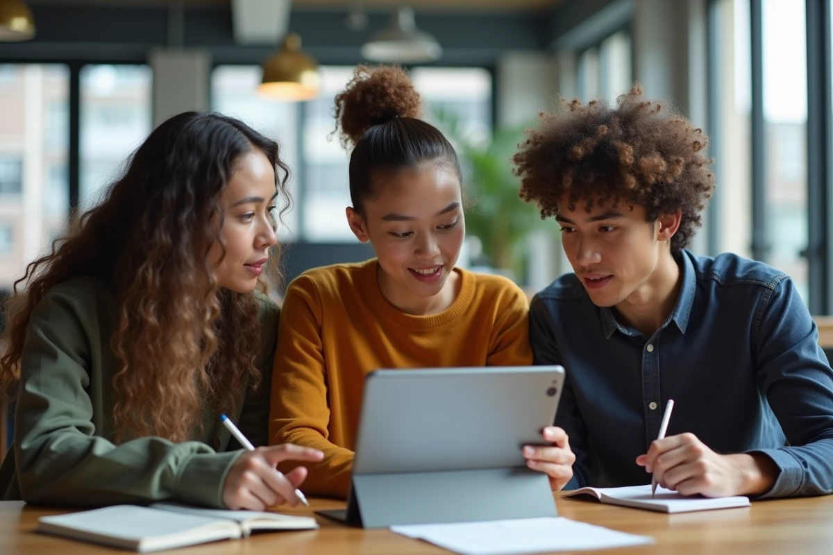 Groupe de jeunes adultes discutant d'un guide sur les fuites PINKGEEK dans un espace de coworking