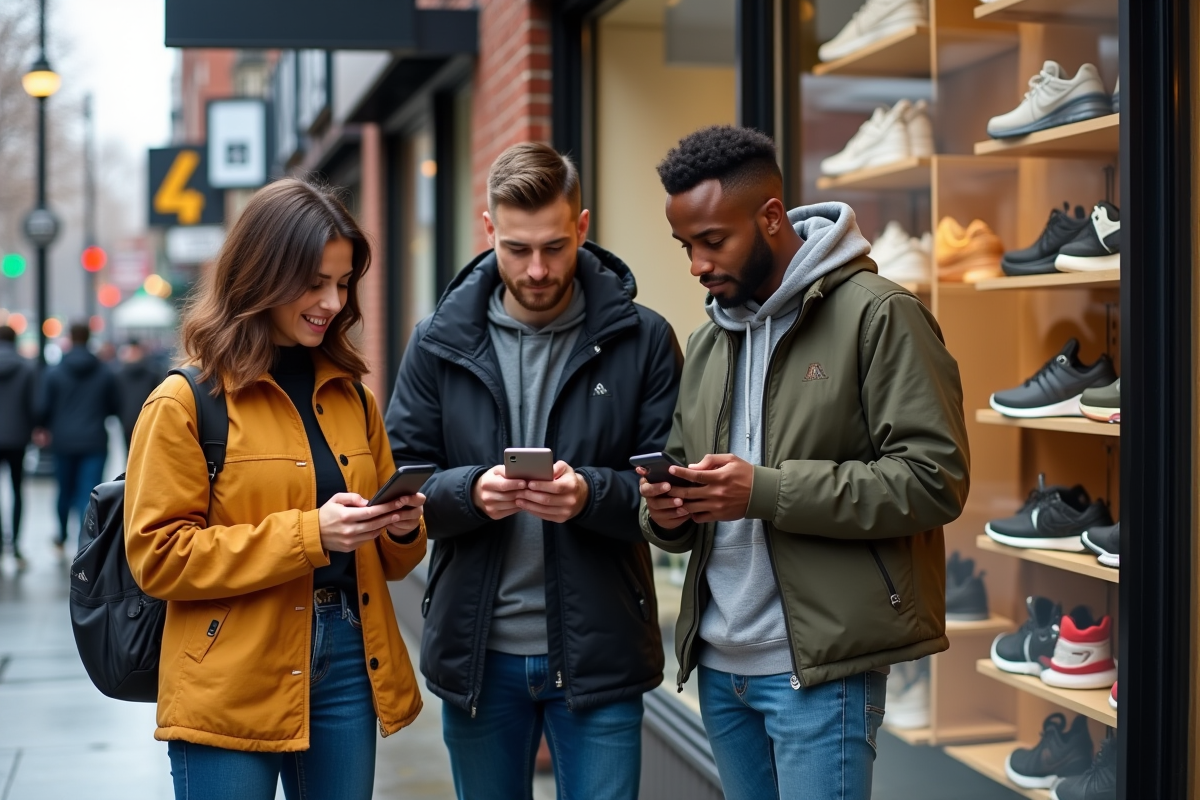 Trois jeunes adultes comparant des prix sur leurs smartphones devant un magasin de sneakers
