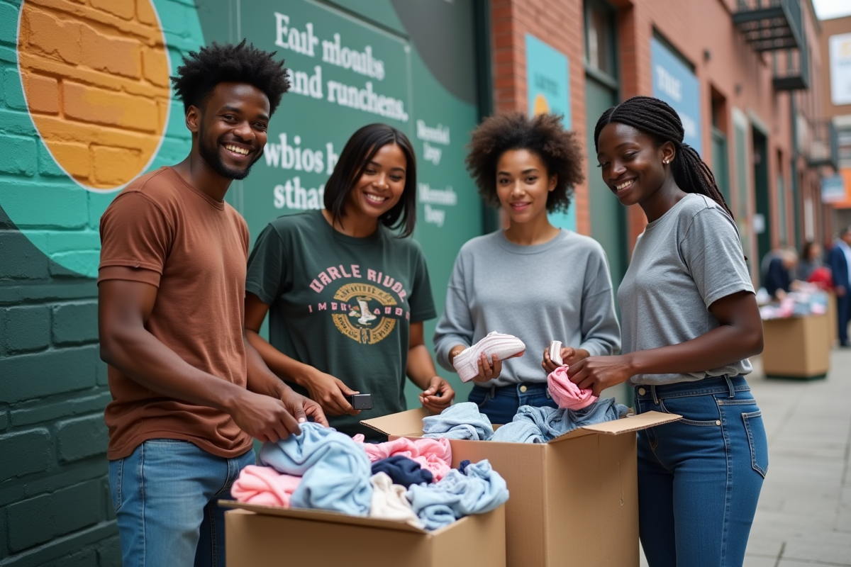 Groupe de jeunes triant des vêtements usagés dans la rue