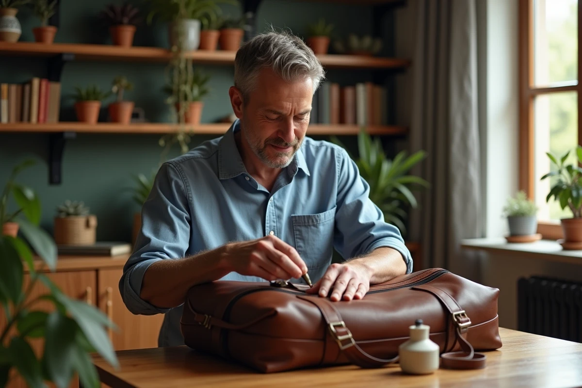 Homme appliquant soin cuir sur sac à main en cuir marron
