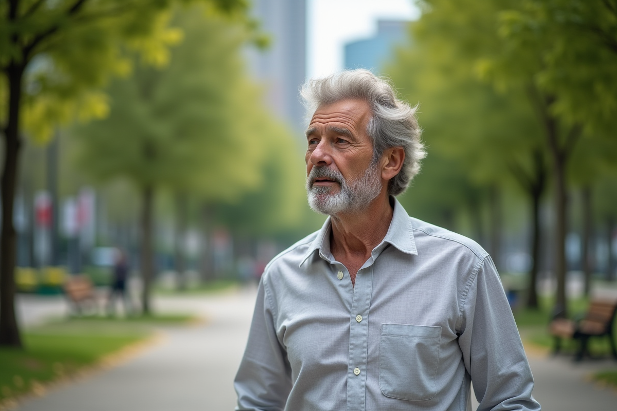 Homme confiant se promenant dans un parc urbain verdoyant