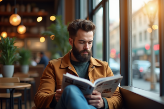 Jeune homme barbu lisant dans un café moderne ensoleille