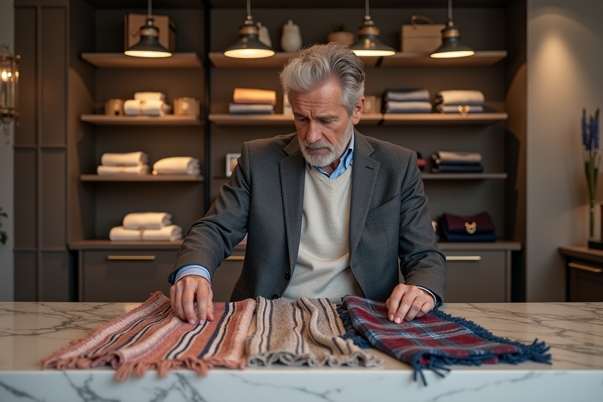 Homme examinant des foulards dans une boutique chic