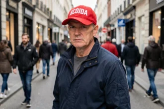 Homme portant une casquette rouge à inscription blanche dans une rue animée d'une ville européenne, regard prudent sur son environnement