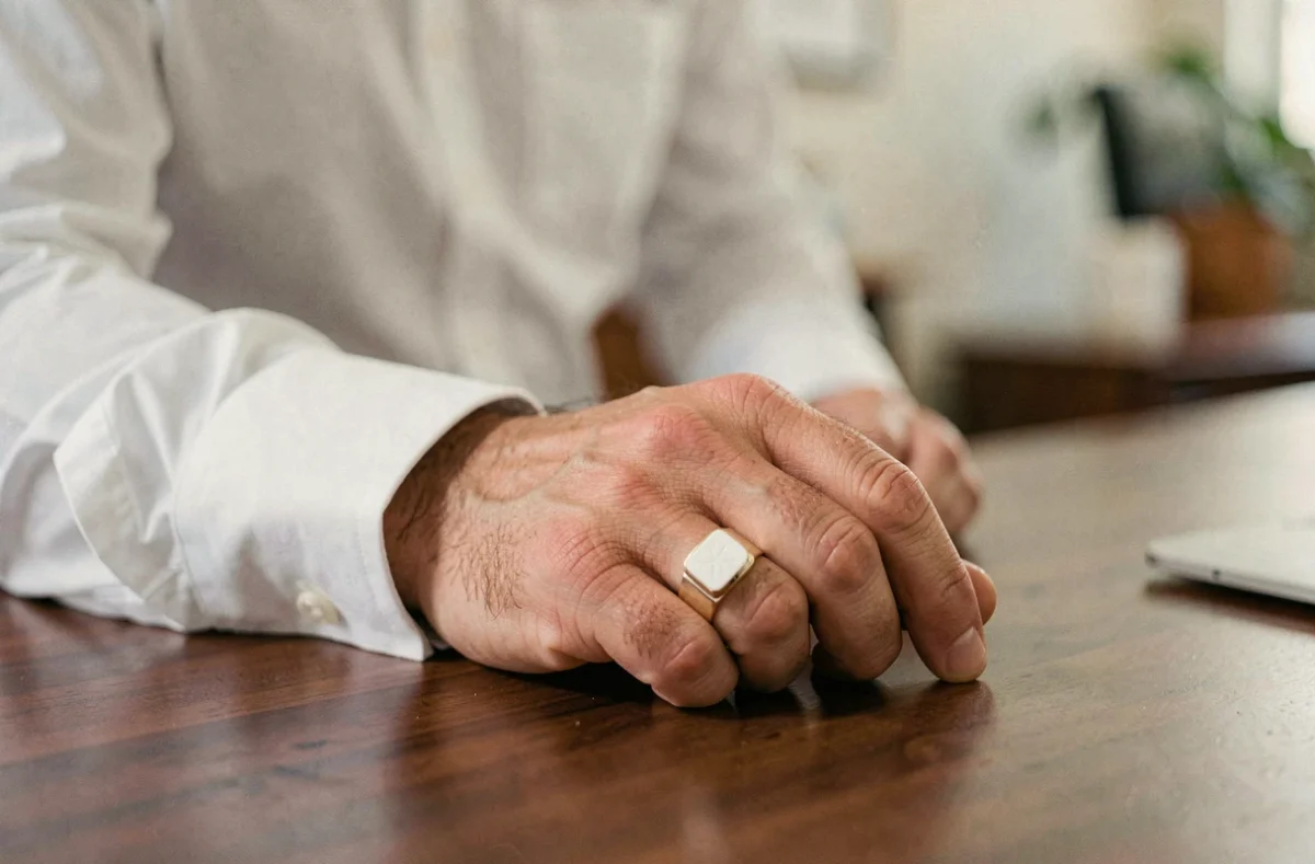 Main d'un homme élégant portant une chevalière en or blanc sur fond de bureau en bois, illustrant le port quotidien d'une bague de qualité