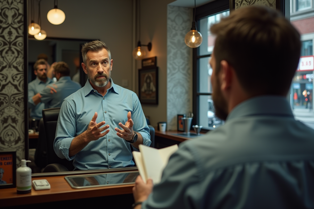 Homme expliquant sa coupe au barbier dans un barbershop vintage