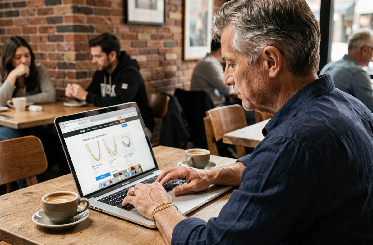 Homme comparant les prix de bracelets en or sur ordinateur portable dans un café urbain