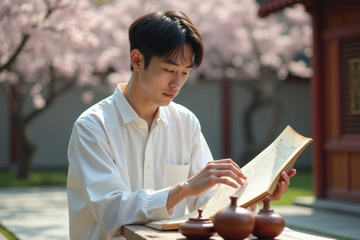 Homme coreen examinant des recettes de beauté anciennes dans un jardin