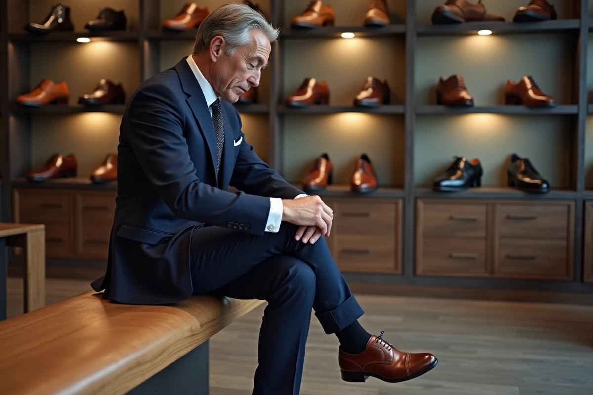 Homme en costume essayant des chaussures en magasin