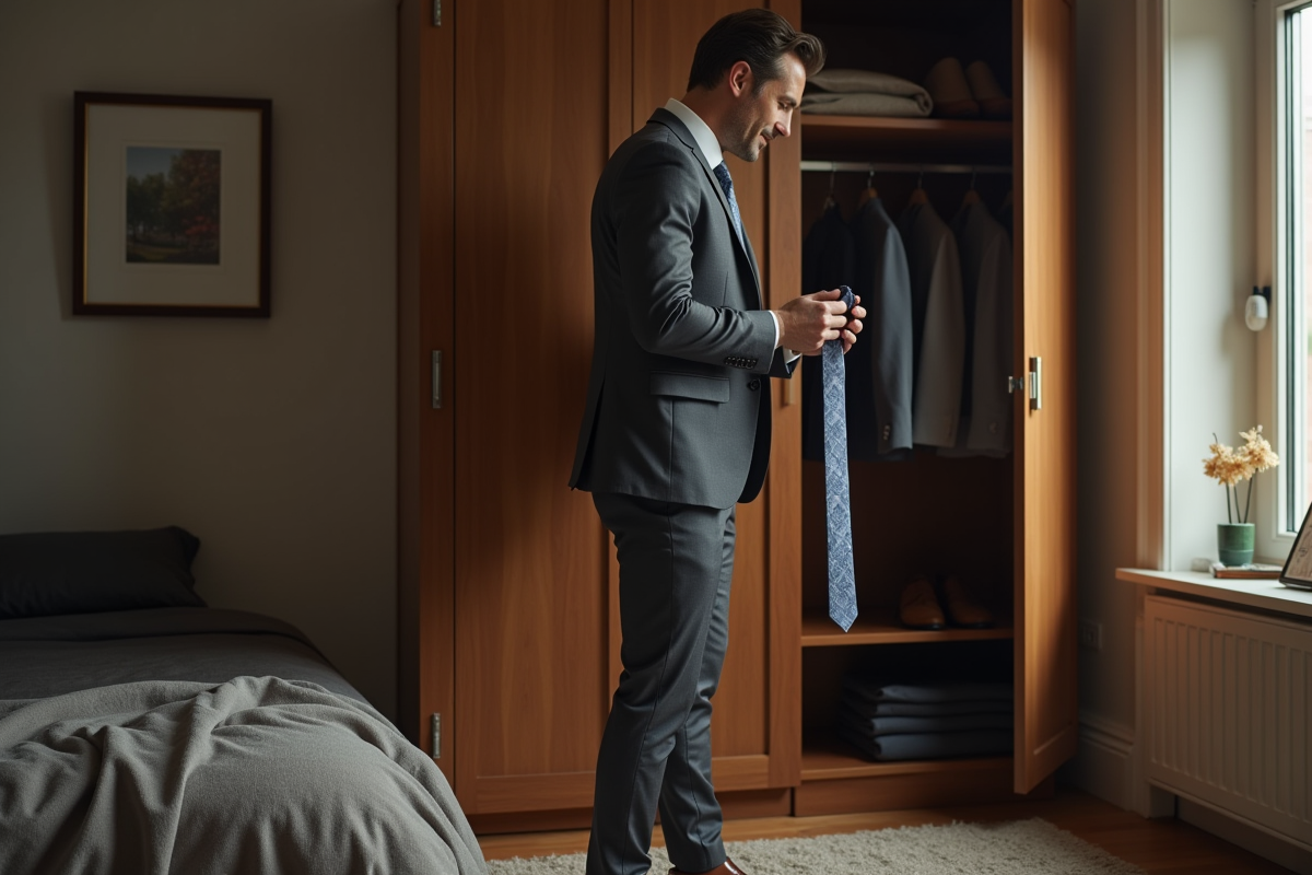 Homme en costume choisissant une cravate dans sa chambre