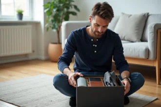 Homme déballant une box cadeau masculine contenant des produits de soin et accessoires dans un salon minimaliste