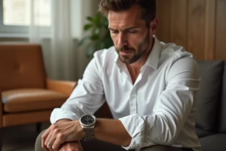 Homme en chemise blanche examinant sa Rolex Day-Just occasion au poignet dans un salon moderne