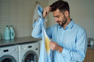 Jeune homme examine une tache jaune sur sa chemise bleue