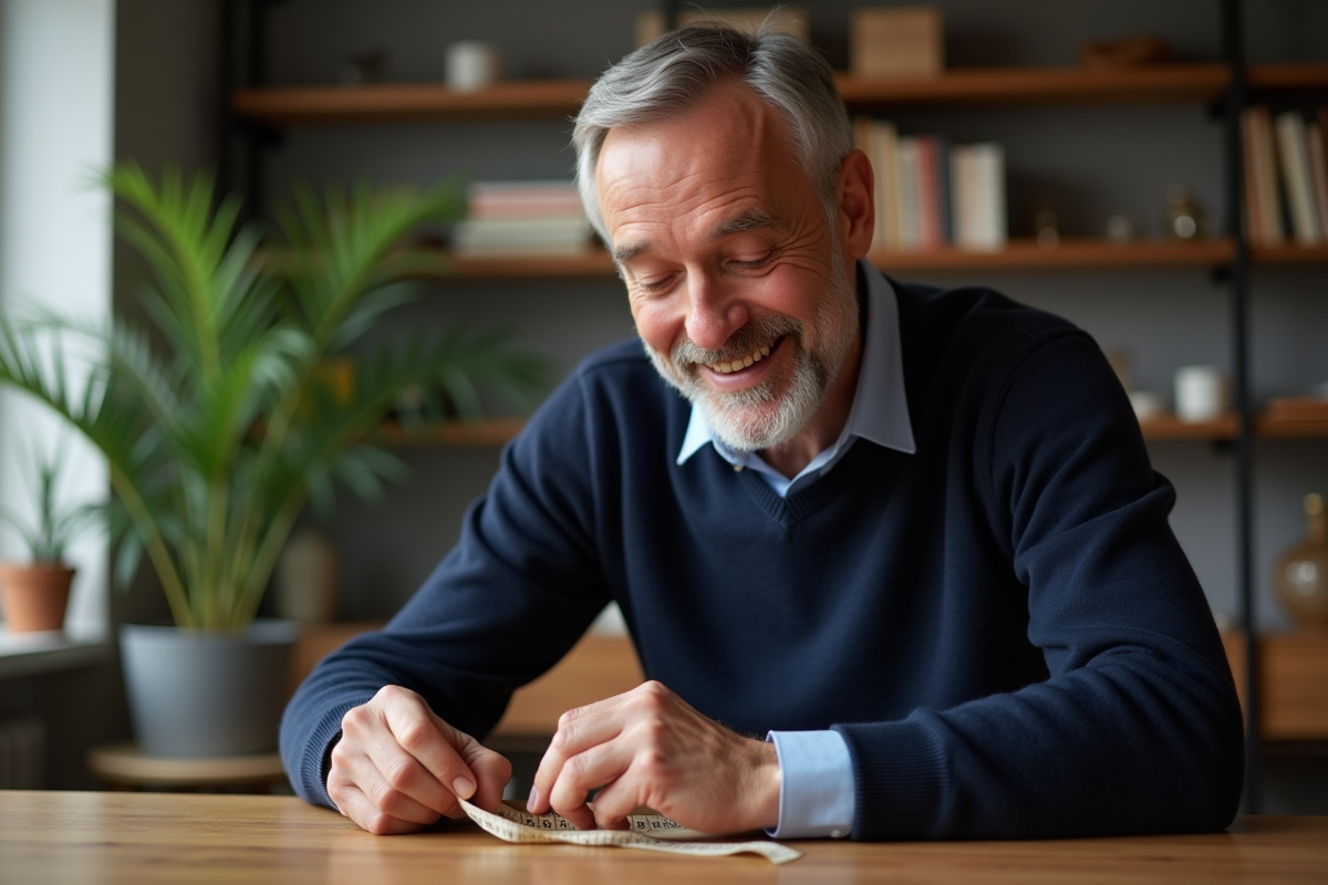 Homme français mesure sa main dans un salon chaleureux