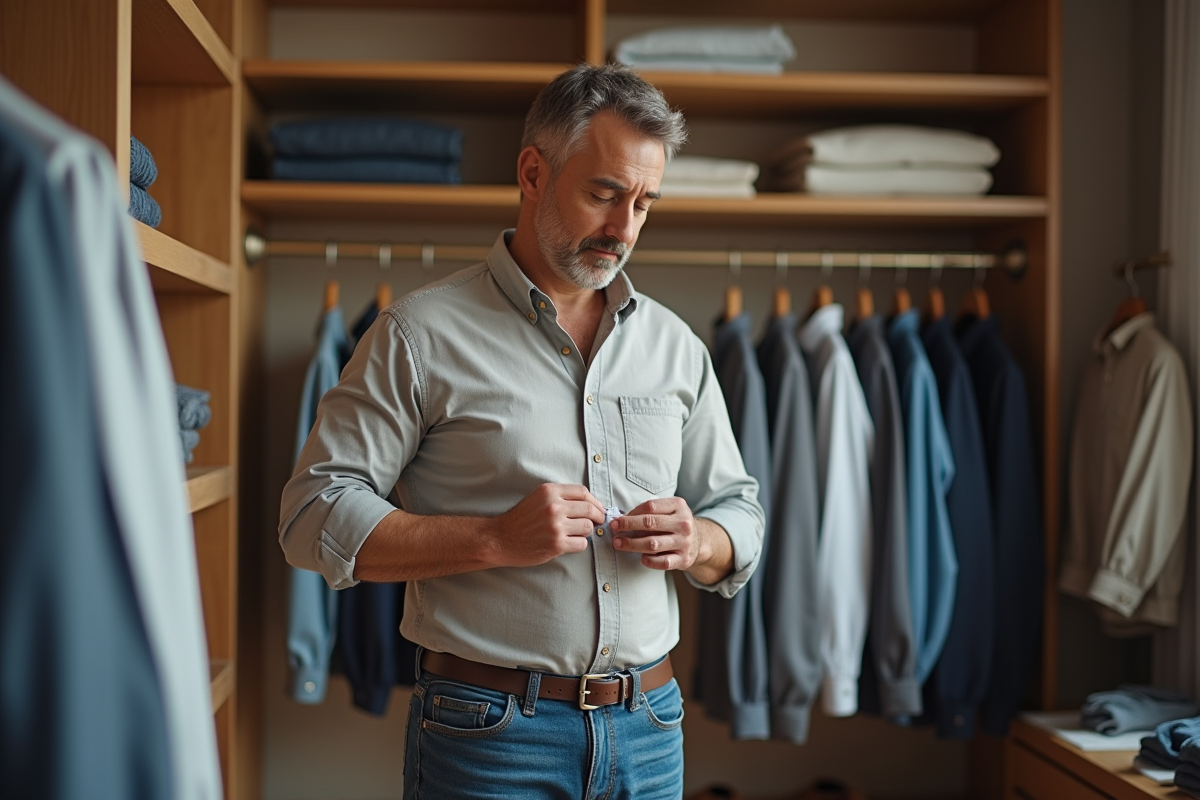 Homme mesurant sa chemise dans un dressing pratique