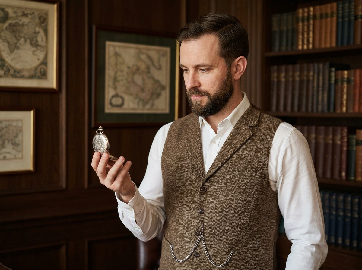 Homme en gilet tweed tenant une montre à gousset argentée dans un bureau victorien au style steampunk
