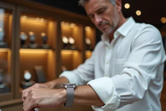 Homme élégant en chemise blanche examinant une montre de luxe en acier dans une boutique horlogère moderne