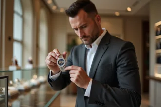 Homme en costume élégant examinant une montre de luxe rare dans une boutique horlogère haut de gamme