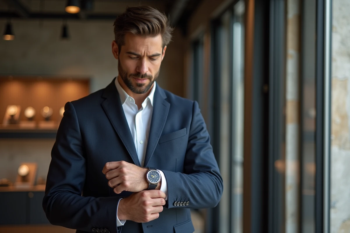 Homme élégant examinant une montre personnalisée fabriquée en France dans un showroom parisien contemporain