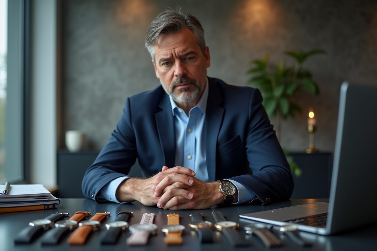 Homme d affaires choisissant une montre dans un bureau moderne